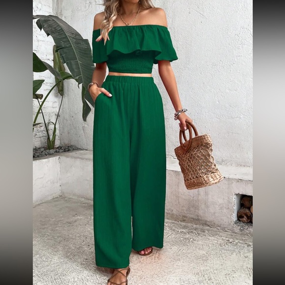 Boho off shoulder crop top and wide leg pants